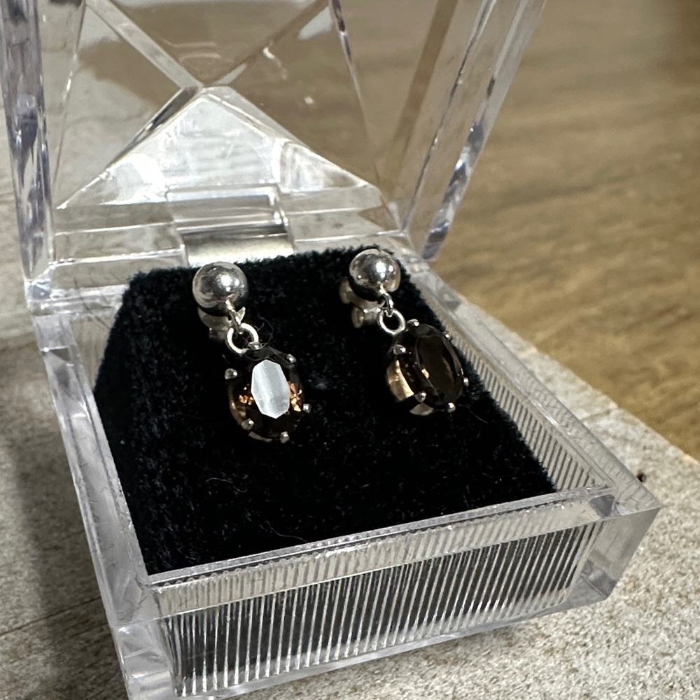 925 sterling silver great shape smoky quartz brown faceted crystal drop earrings